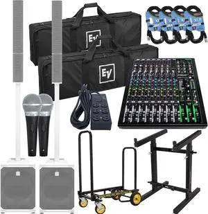 (2) Electro-Voice Evolve 50M Powered Speaker  White (Top Cover Included), Rock-N-Roller R2RT, Mackie ProFX12V3, (4) XLR Cables, (2) PG48 Mic, Furman (SS6B), Mixer Stand RXS20 Bundle