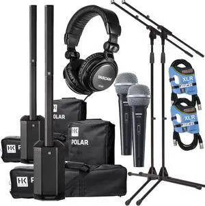 (2) HK AUDIO POLAR 10 2000W Powered Array System with Bluetooth, (2) SV100 Mic, (2) Mic Stand, Tascam TH02, (2) XLR Cables Bundle