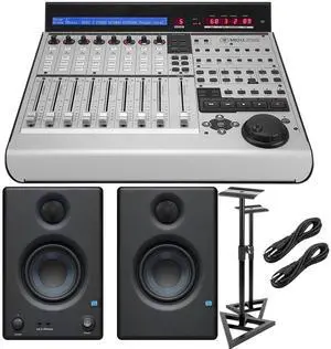 Mackie MCU Pro Control Surface, Presonus Eris3.5 Monitors, Monitor Stands, (2) 1/4 Cables Bundle