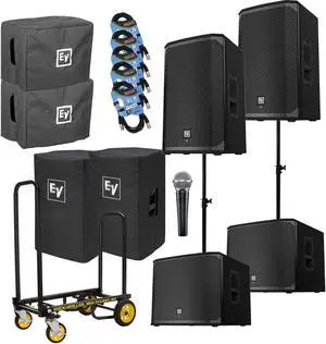 (2) EV EKX-12P Powered Speaker, (2) EV EKX-15SP Sub, (2) EKX12 Cover, (2) EKX15SP Cover, Rock-N-Roller R2RT, SM58 Mic, (2) Poles, (5) XLR Cables Bundle