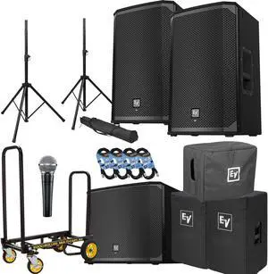 (2) EV EKX-12P Powered Speaker, EV EKX-15SP Sub, (2) EKX12 Cover, EKX15SP Cover, Rock-N-Roller R2RT, SM58 Mic, (2) Speaker Stands, (4) XLR Cables Bundle