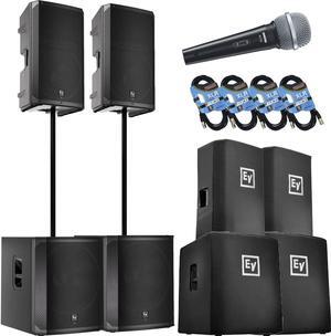 (2) Electro-Voice ELX200-15P, (2) EV ELX200-18SP, (2) ELX200-15P Covers, (2) ELX200-18SP Covers, (2) Poles, SV100 Mic, (4) XLR Cables Bundle