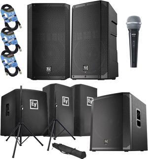 (2) Electro-Voice ELX200-12P, (1) EV ELX200-18SP, (2) ELX200-12P Covers, (1) ELX200-18SP Cover, (2) Speaker Stands, SV100 Mic, (3) XLR Cables Bundle