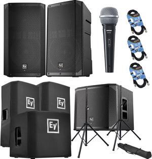 (2) Electro-Voice ELX200-12P, EV ELX200-12SP, (2) ELX200-12P Covers, ELX200-12SP Cover, (2) Speaker Stands, SV100 Mic, (3) XLR Cables Bundle