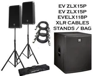 (2) Electro-Voice ZLX-15P 15 Powered Loudspeakers Packaged with Electro-Voice ELX118P 700 Watt 18 Powered Subwoofer + Speaker stand + (2) XLR to XLR Cables 15ft.