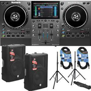 Numark Mixstream Pro Go Battery-Powered Standalone DJ Controller, (2) PSG AUDIO Cobra 112, Speakers Stands, (2) XLR Cables Bundle