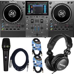 Numark Mixstream Pro Go Battery-Powered Standalone DJ Controller, Tascam TH02, (2) XLR Cables, PSG AUDIO C350 Bundle