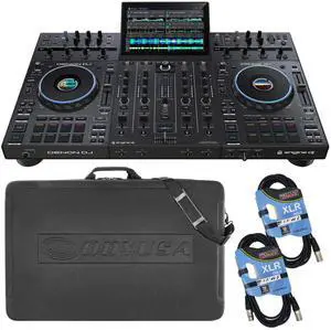 Denon DJ Prime 4+ Standalone 4-deck DJ Controller, (2) PSG AUDIO Cobra 115, Speaker Stands, (2) XLR Cables Bundle