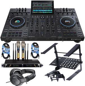 Denon DJ Prime 4+ Standalone 4-deck DJ Controller, PSG UGX21II Dual Wireless Mic, AT ATH-M20X, (2) XLR Cables, Laptop Stand Bundle