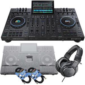 Denon DJ Prime 4+ Standalone 4-deck DJ Controller, Decksaver, (2) XLR Cables, AT ATH-M20X Bundle