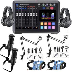 TASCAM Mixcast 4 Podcast Workstation, (2) AT2020 Mic, (2) Puroma Mic Boom Arm, (2) ATH-M20X, (2) XLR Cables Bundle