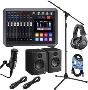 TASCAM Mixcast 4 Podcast Workstation, Presonus E3.5 Monitors , AT2020 Mic, ATH-M20X, Boom Mic Stand, XLR Cable, (2) 1/4 Cables Bundle