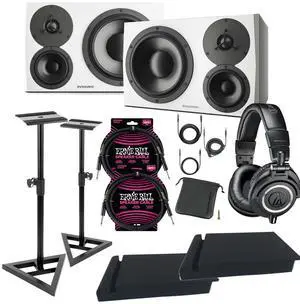 (2) Dynaudio LYD 48  3-Way Speakers (Left/Right  White)  Monitor Stands, (2) ErnieBall cables, Pads, AT ATH-M50X Bundle