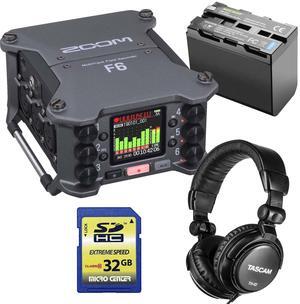 Zoom F6 6-Input / 14-Track Multitrack, (2) Neewer NP-F975, Tascam TH02, SD Card 32GB Bundle