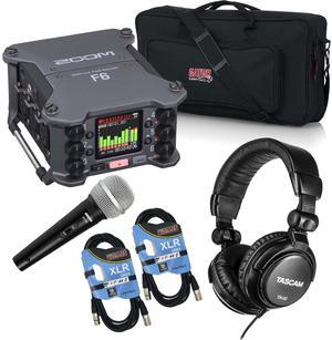 Zoom F6 6-Input / 14-Track Multitrack, (2) SV100 Mic, Tascam TH02, (2) XLR Cables, SD Card 32GB, Gator GK2110 Bundle