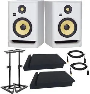 (2) KRK ROKIT 7 G4 7 Studio Monitor (White), (2) Mogami Cables XLR to 1/4, Foam Pads Bundle