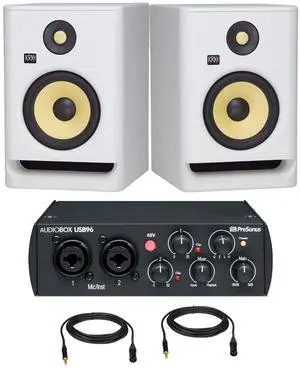 (2) KRK ROKIT 7 G4 7 Studio Monitor (White), Presonus AudioBox 96 USB, (2) XLR to 1/4 Cables Bundle