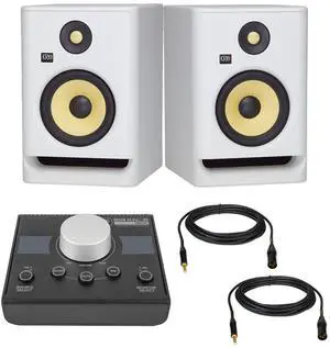 (2) KRK ROKIT 7 G4 7 Studio Monitor (White), Mackie Big Knob Passive, (2) XLR to 1/4 Cables Bundle