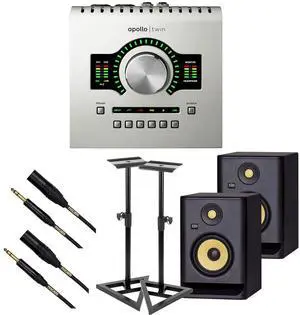 Universal Audio Apollo Twin USB Heritage Edition, (2) KRK RP5G4 Monitors, Monitor Stands, (2) Mogami XLR to 1/4 Bundle