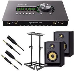 Universal Audio Apollo x4 Heritage Edition, (2) KRK RP5G4 Monitors, Monitor Stands, (2) Mogami XLR to 1/4 Bundle
