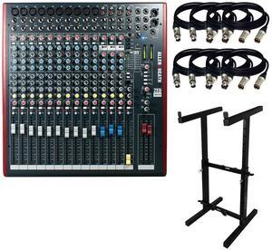 Allen & Heath ZED-16FX 16-Channel Recording and Live Sound Mixer with FX & USB + (8) XLR to XLR Cables 15FT Ea + Rockville RXS20 Portable Mixer Stand