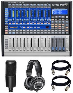 PreSonus StudioLive 16.0.2 USB Performance & Recording Digital Mixer + Audio-Technica AT2020 Cardioid Condenser Microphone + Audio-Technica ATH-M50x Monitor Headphones (Black) and Cables
