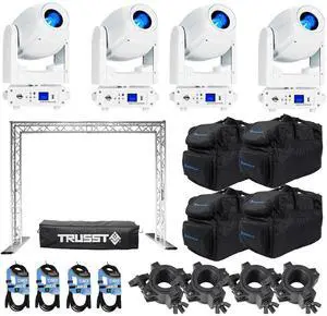 (4) American DJ Focus Spot 4Z Pearl 200W LED Moving Head Spot Fixtures with Chauvet Trusst QT-GOAL POST KIT Mobile DJ Portable Lighting Truss System Package