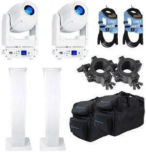 (2) American DJ Focus Spot 4Z Pearl 200W LED Moving Head Spot Fixtures with Rockville RTP32W Totem Moving Head Light Stands