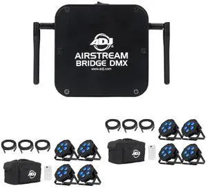 Eliminator Airstream DMX Bridge and (2) American DJ Mega Flat Hex Pak with 4 PAR Fixtures, Cables, Bag, and Remote