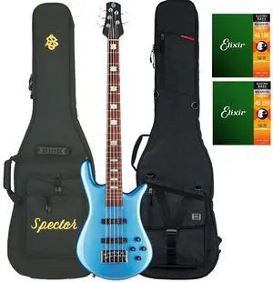 Spector Euro 5 Classic Bass Guitar, Metallic Blue Gloss, Gator Transit Bass, (2) Elixir Strings 14202 Bundle
