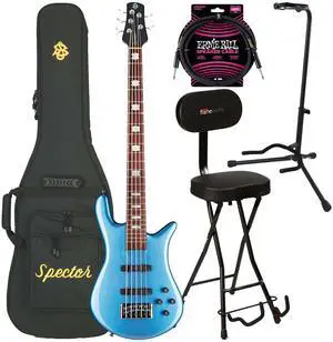 Spector Euro 5 Classic Bass Guitar, Metallic Blue Gloss, Gator GFW-GTR-SEAT and Stand, ErnieBall 1/4 Cable Bundle