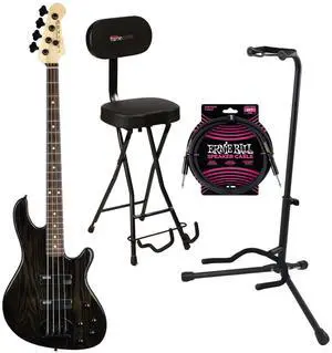 Lakland Skyline 44-OS Offset Bass Guitar, Trans Black with Rosewood Fingerboard, Gator GFW-GTR-SEAT and Stand, ErnieBall 1/4 Cable Bundle