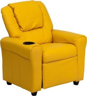 Contemporary Yellow Vinyl Kids Recliner with Cup Holder and Headrest