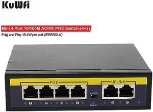 KuWFi 4 Port Ethernet Network Switch - Office Ethernet Splitter | Plug & Play Active POE Switch with 2 UP-Link Ports 60W