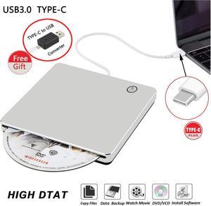 External CD DVD Drive Burner Player USB3.0 Type-C Portable Slim DVD/CD ROM Superdrive +/- RW Rewriter/Writer/Reader with High Speed Data for Laptop/Desktop Support Windows/Mac OSX