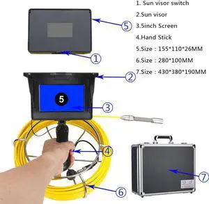 VisiPower 20M/65ft 5 inch 17mm  Handheld Industrial Pipe Sewer Inspection Video Camera  IP68 Waterproof Drain Pipe Sewer Inspection Camera System 1200 TVL Camera with 8pcs LED Lights