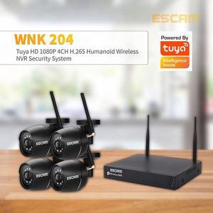 ESCAM WNK204 Wireless Security System NVR Kit,4pcs WiFi IP Camera with 4CH NVR,Tuya HD 1080P AI Humanoid Motion Detection Two-way Audio Day/Night Vision Multi-language, Support Cloud Storage