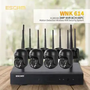 ESCAM WNK614 Wireless WiFi Security System NVR kit,8CH NVR + 4pcs Indoor wireless 3MP Camera, dual light source, 2-way audio motion detection alarm push Surveillance Camera system Night Vision,Remote