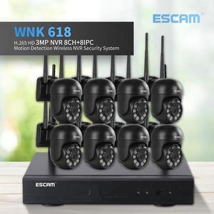 ESCAM WNK618 wireless security camera system kit,8ch NVR + 8pcs Indoor wireless 3MP Camera, dual light source 2-way audio,IR motion detection, alarm push Night Vision Remote,Surveillance Camera system