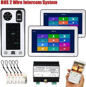 Wireless Wifi 10 Inch BUS 2 Wire Fingerprint RFID Video Door Phone Intercom systems Support Remote APP home Access Control System 2 monitor