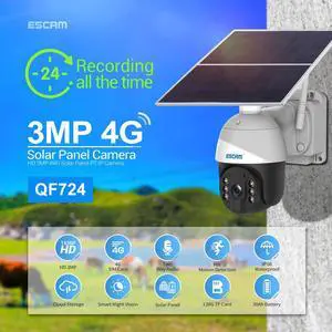ESCAM QF724 3MP 24 hours recording Cloud Storage PT 4G Battery PIR AlarmOutdoor Indoor IP Security Camera With Solar Panel Full Color Night Vision Two Way Audio IP66