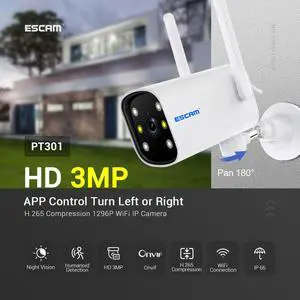 ESCAM Smart 3MP WiFi bullet Security Wireless outdoor camera motion detection tracking sound alarm push message 2-way audio intelligent dual-light source night vision full color Pan APP control 180°