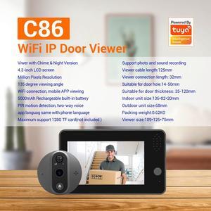 1080P 2MP Smart Eye wifi Video Doorbell 4.3" monitor Wide angle 167° Support APP Night Vision Chime Video Recording PIR Motion detection App alarm push digital doorbell with 5000mah battery C86