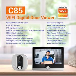 1080P 2MP Smart Eye wifi Video Doorbell 4.3" monitor Wide angle 167° Support APP Night Vision Chime Video Recording PIR Motion detection App alarm push digital doorbell with 5000mah battery C85