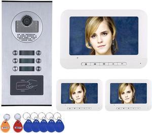 3 Units Apartment Video Intercom System, 7 Inch Monitor Screen Wired Video Multi-family Doorbell Door Phone Kits, Indoor Outdoor IR Camera, Monitoring, Unlock, 2 Way Intercom, 1 doorbell + 3 monitor