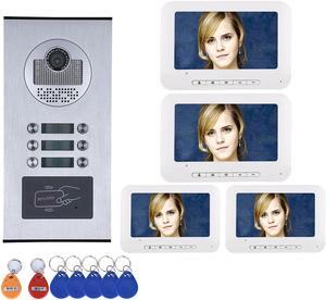 3 Units Apartment Video Intercom System, 7 Inch Monitor Screen Wired Video Multi-family Doorbell Door Phone Kits, Indoor Outdoor IR Camera, Monitoring, Unlock, 2 Way Intercom,1 doorbell + 4 monitor