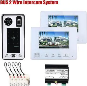 7 Inch LCD display 2-Wire 2pin Wire Video Door Phone doorbell Home Intercom Systems with Power Supply Controller easy install Support fingerprint/IC cards/password unlock,1 doorbell + 2 monitor