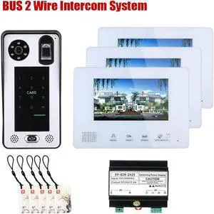 7 Inch LCD display 2-Wire 2pin Wire Video Door Phone doorbell Home Intercom Systems with Power Supply Controller easy install Support fingerprint/IC cards/password unlock,1 doorbell + 3 monitor