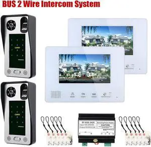 7 Inch LCD display 2-Wire 2pin Wire Video Door Phone doorbell Home Intercom Systems with Power Supply Controller easy install Support fingerprint/IC cards/password unlock,2 doorbell + 2 monitor