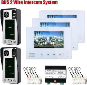 7 Inch LCD display 2-Wire 2pin Wire Video Door Phone doorbell Home Intercom Systems with Power Supply Controller easy install Support fingerprint/IC cards/password unlock, 2 doorbell + 3 monitor